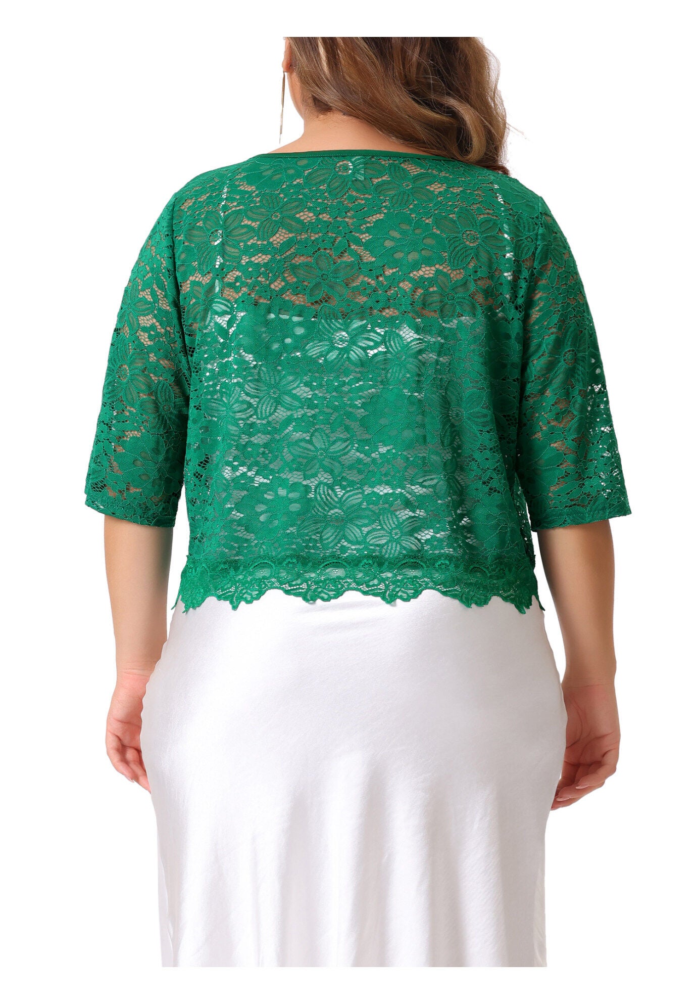 1/2 SLEEVE SHEER LACE BOLERO SHRUG, Green / Hunter Green, alternate image number 3