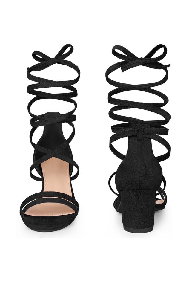 Open Toe Color Block Heel Tie Up Sandals, Black / Black, alternate image number null