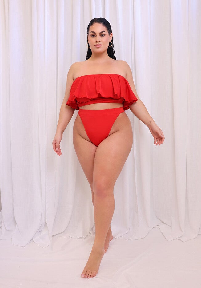 Sea Breeze Ruffle Bandeau Swim Top, Red / Red, hi-res image number 0
