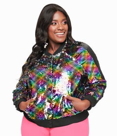 Unique Vintage Rainbow Sequin Satin Bomber Jacket