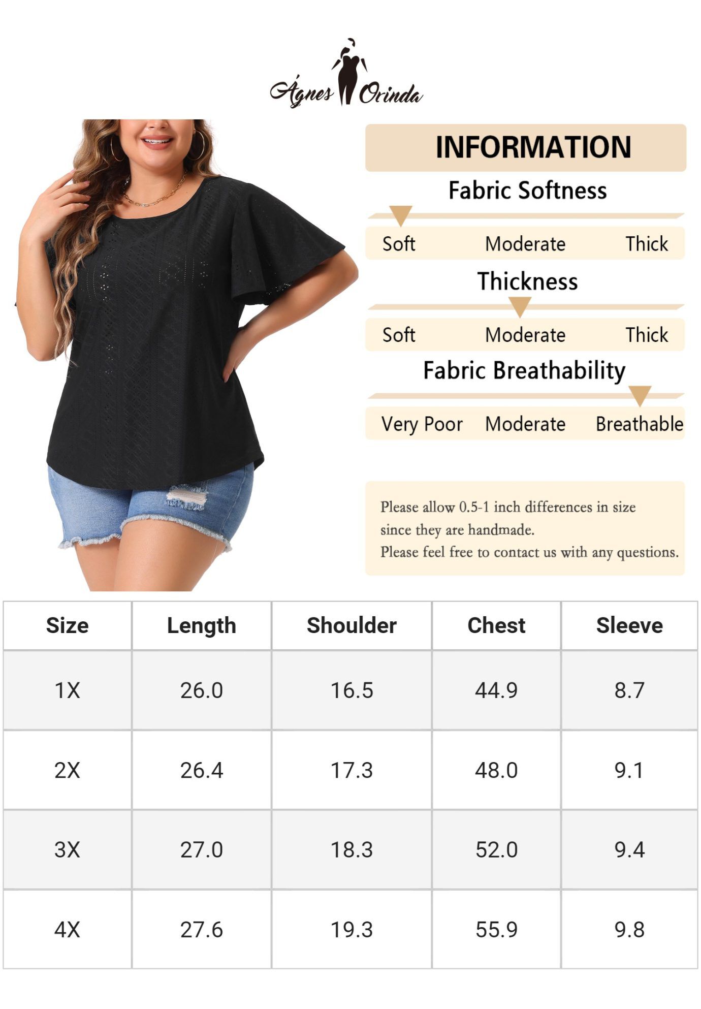 V NECK LOOSE FIT RUFFLE SLEEVE SUMMER HOLLOW TOP, Black / Black, alternate image number 4