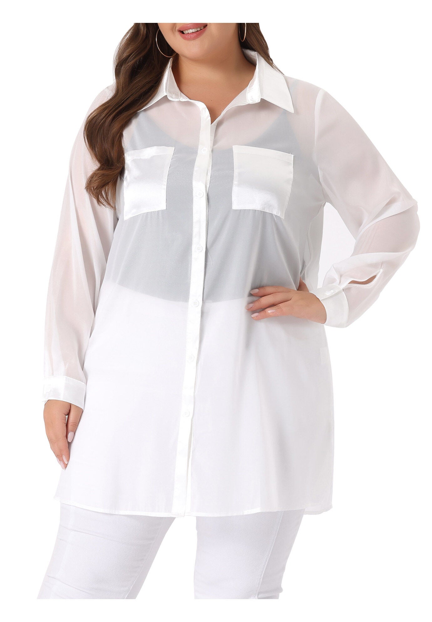 LONG SLEEVE BUTTON DOWN SOLID SHEER SHIRT TOP, White / White, alternate image number 1