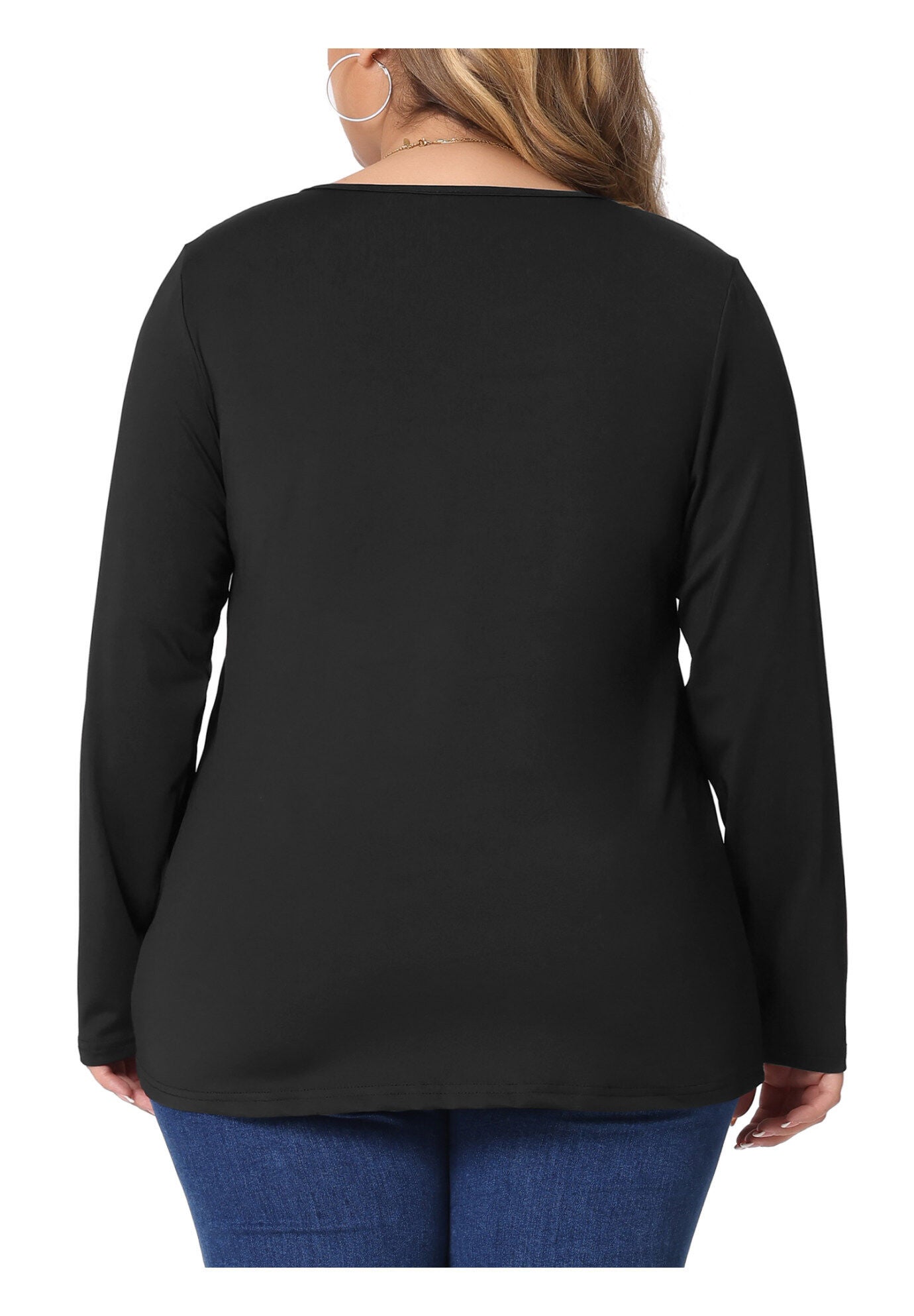 NOTCHED NECK LONG SLEEVE T-SHIRT LOOSE CASUAL TUNIC BLOUSE, Black / Black, alternate image number 3