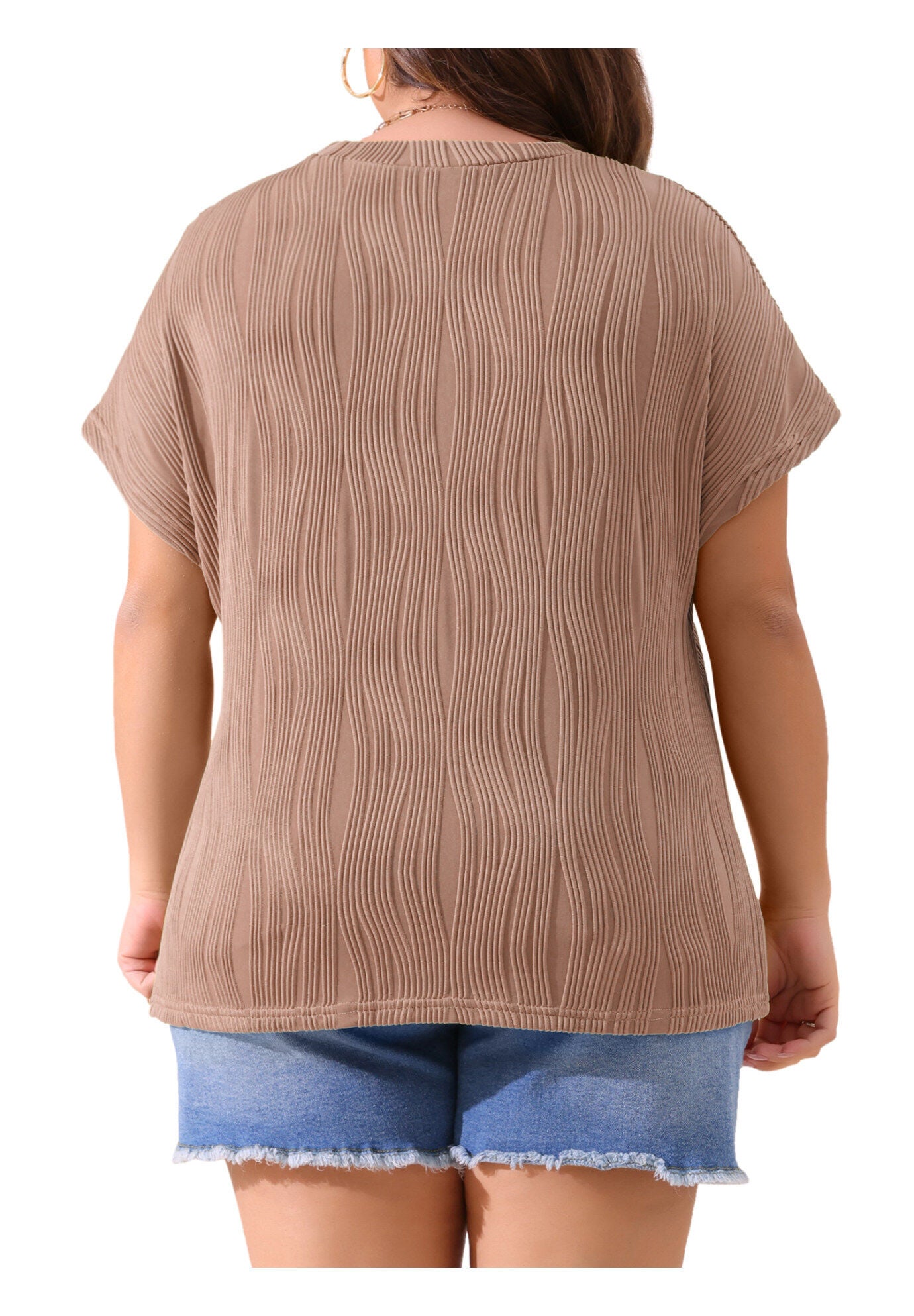 Short Sleeve Textured Top Crewneck T-Shirt, Brown / Brown, alternate image number 3