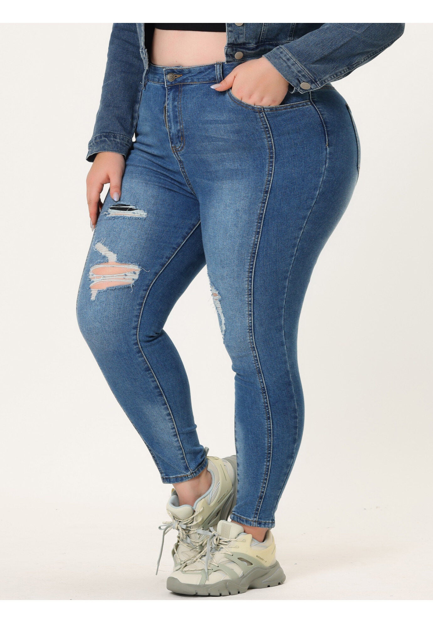 MID RISE STRETCH WASHED SKINNY JEANS DENIM JEGGINGS, BlueRipped / Dusty Blue, alternate image number 1