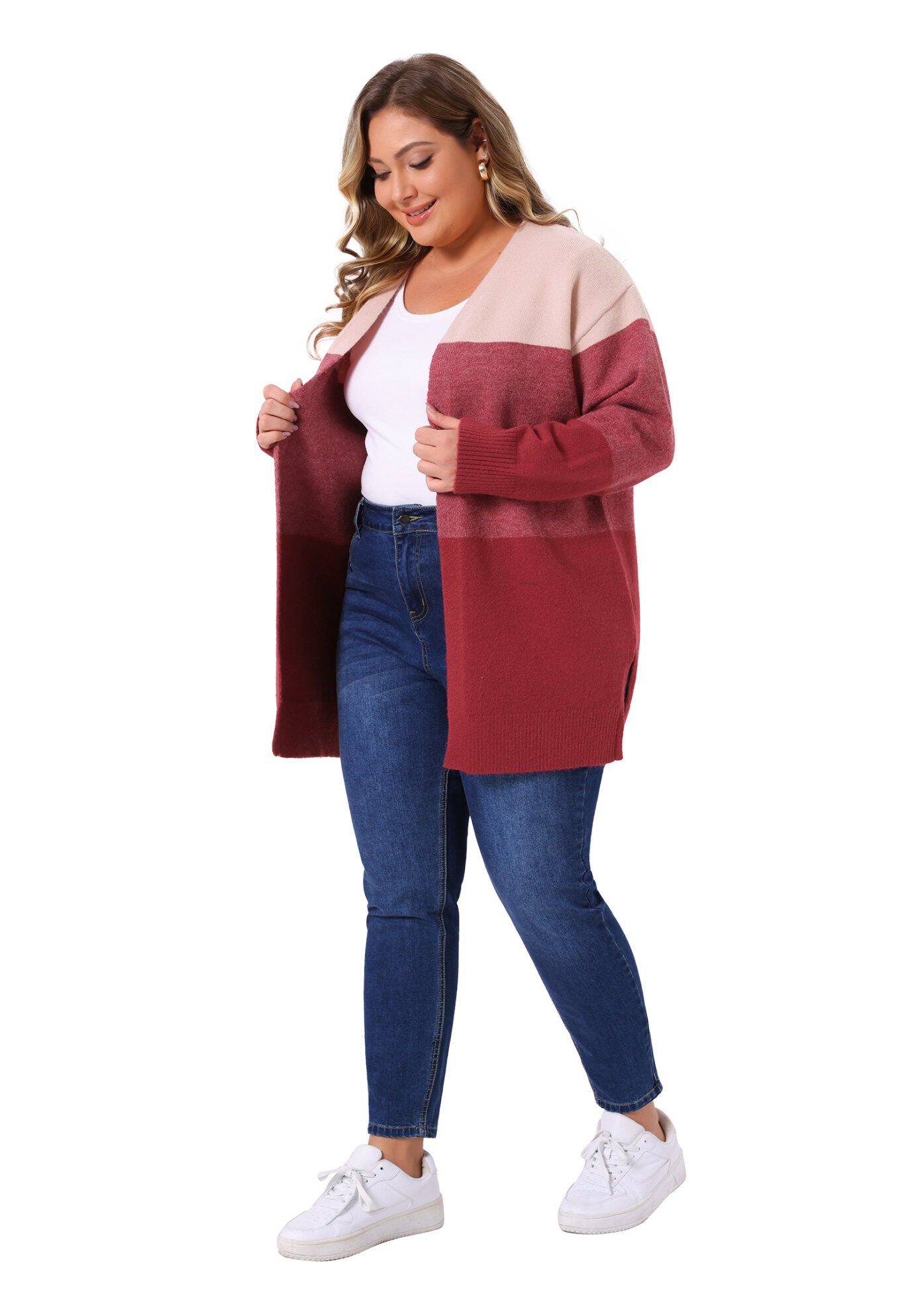 Striped Color Block Long Sleeve Knit Cardigan, Red Pink / Red, hi-res image number 0