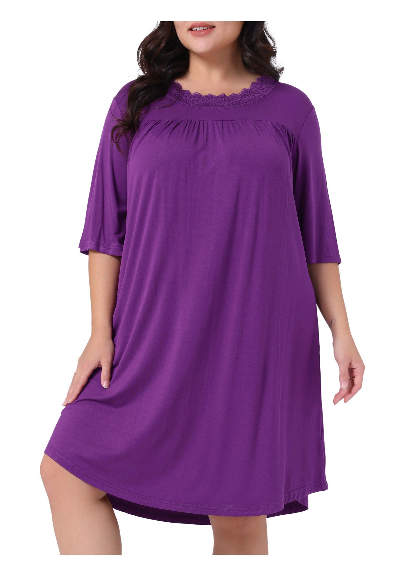 3/4 Sleeve Lace Pleated V Neck Sleepwear, Purple / Purple, alternate image number 2