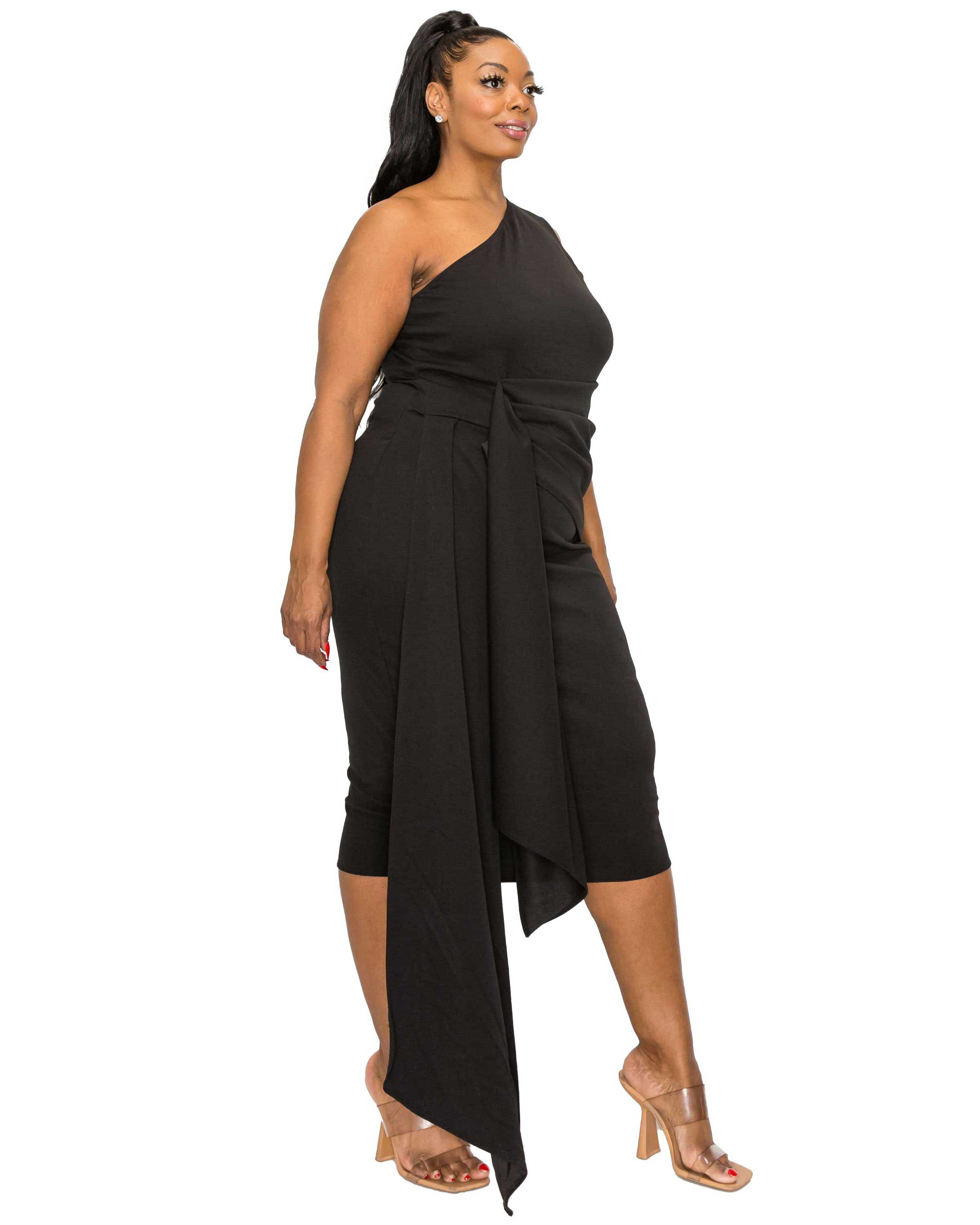 ESME FRONT DRAPED SASH DRESS, Black / Black, alternate image number 1