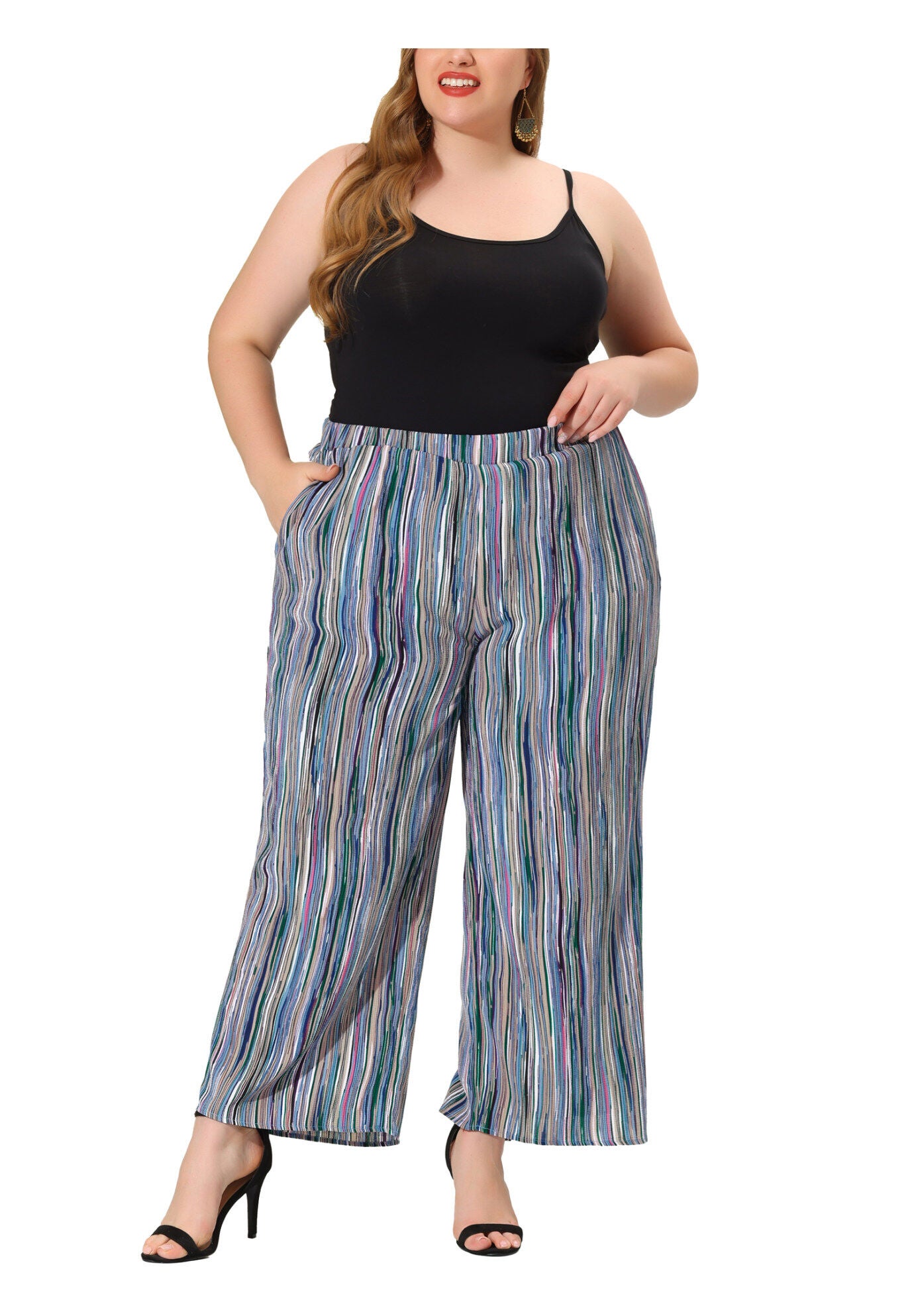 STRIPE BOHO WIDE LEG PAPER BAG PALAZZO PANTS, Blue / Azure Blue, alternate image number 4