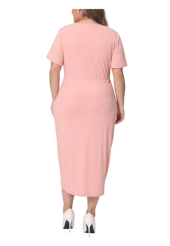 Elegant Short Sleeve Wrap V Neck Ruched Slit Bodycon Cocktail Dress, Pink / Navy, alternate image number 3