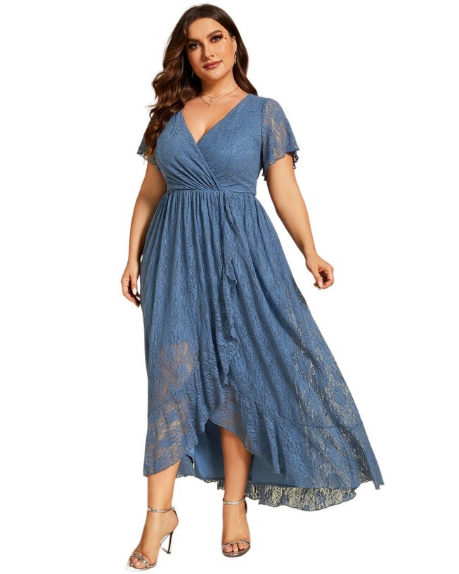 Short Sleeve Ruffled V-Neck A-Line Lace Evening Dress, Dusty Navy / Dusty Blue, alternate image number null