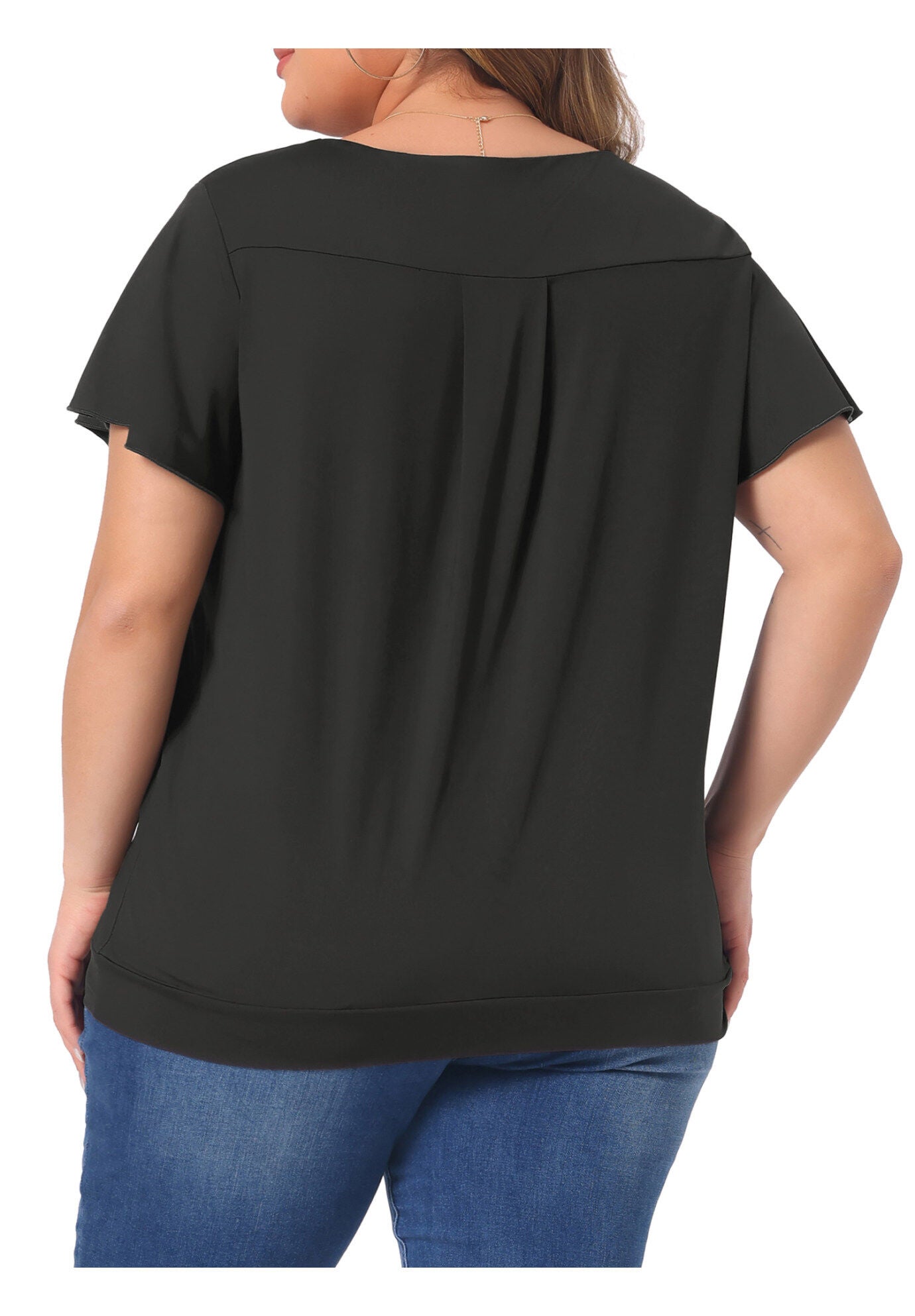 V Neck Ruffle Short Sleeve T-Shirt Top, Black / Black, alternate image number 4