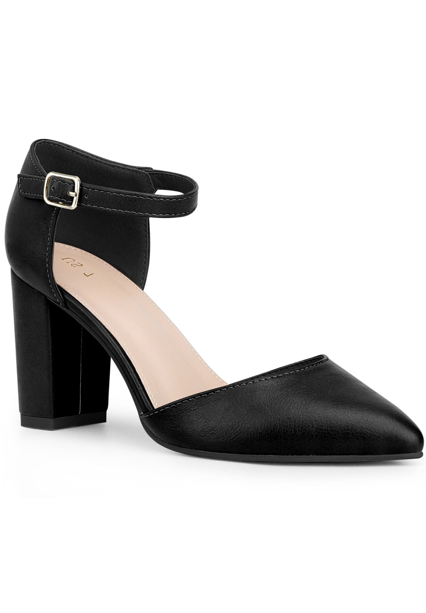 Pointed Toe Ankle Strap Pumps Chunky Heel, Black / Black, hi-res image number 0