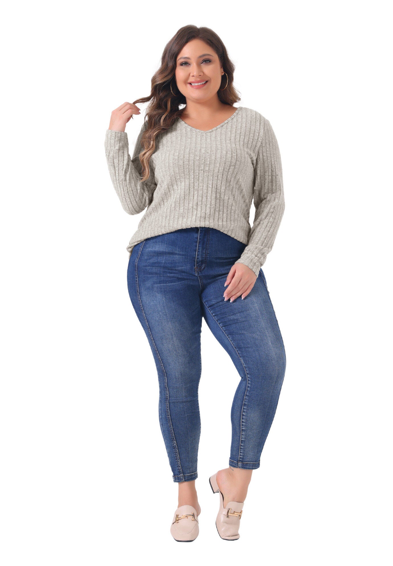 V Neck Long Sleeve Ribbed Brushed Tunic Blouse, Beige Brown / Warm Grey, hi-res image number 0