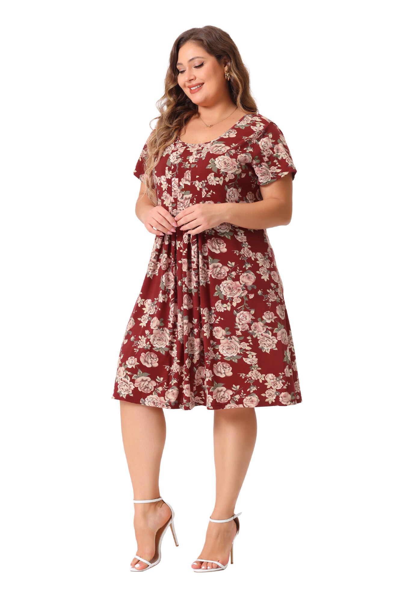 Short Sleeves Pleated Summer Beach Casual Loose Floral Dress, Burgundy / Red, hi-res image number 0