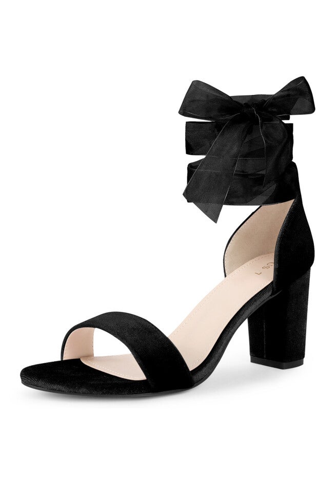 Chunky Heels Lace Up Ballet Velvet Sandals, Black / Black, alternate image number 2