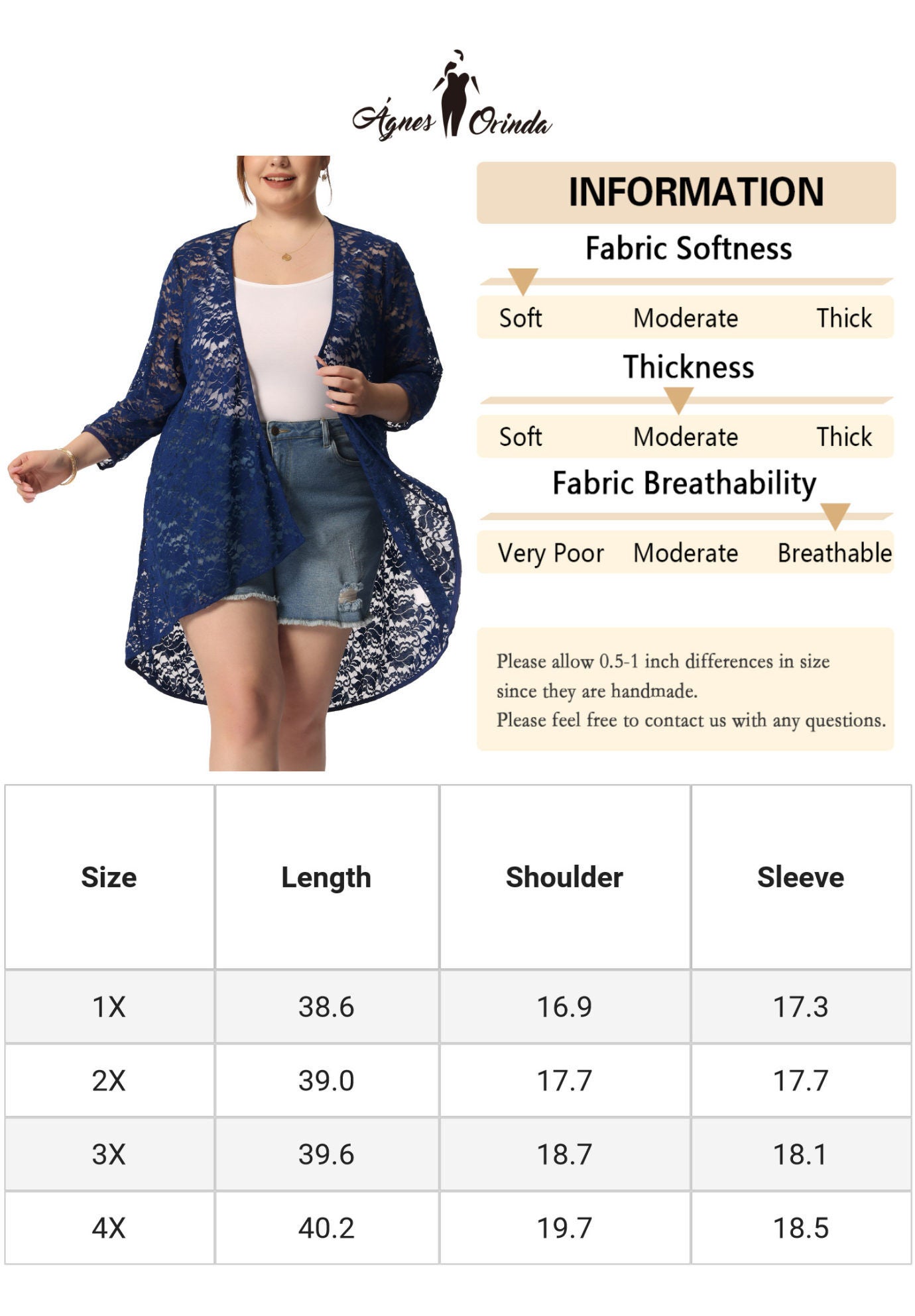 LIGHTWEIGHT 3/4 SLEEVE OPEN FRONT CROCHET LACE COVER UP, Navy Blue / Navy, alternate image number 1