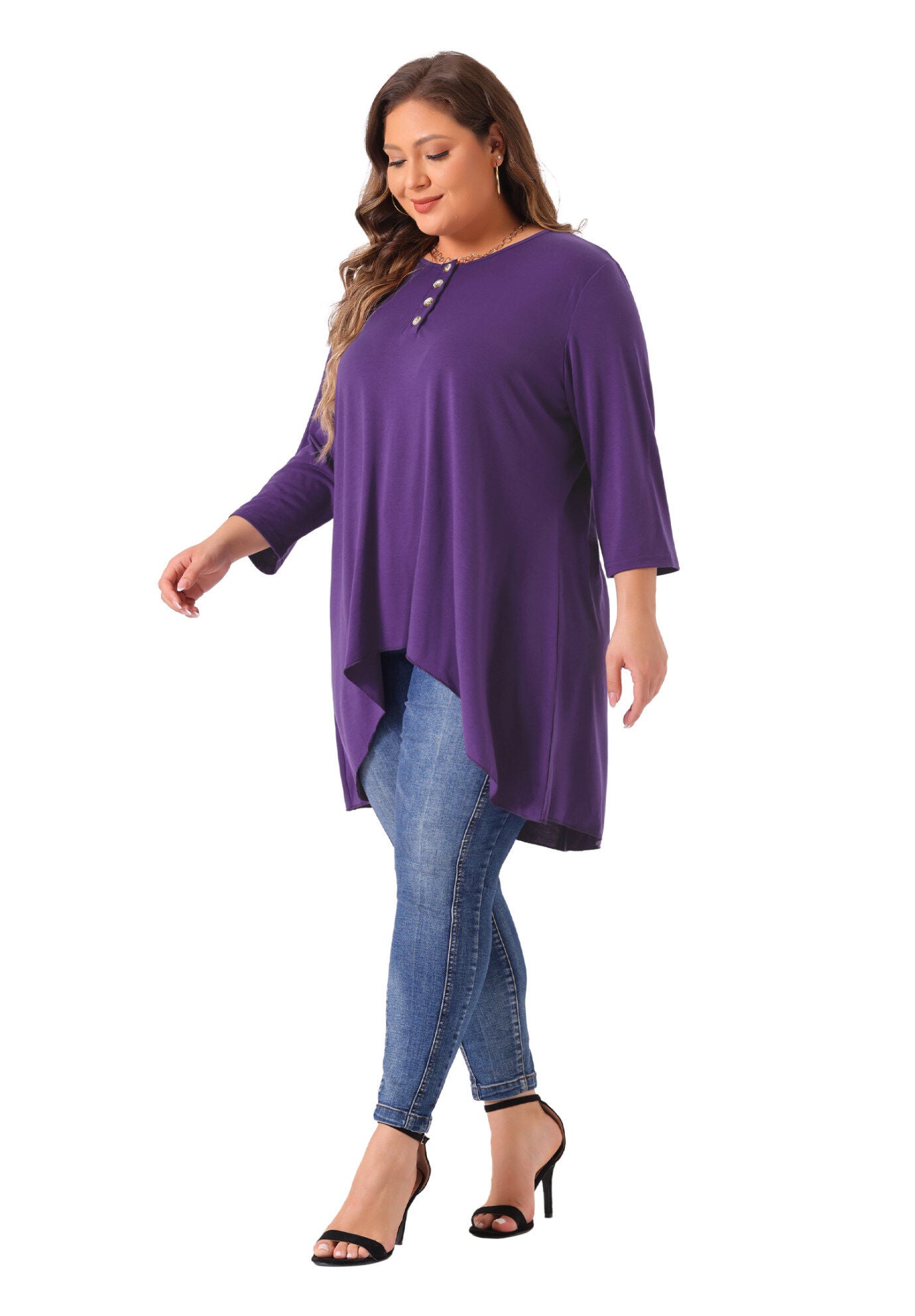 3/4 Sleeve Buttons Crew Neck High Low Loose Fit Tunic Top, Purple / Purple, hi-res image number 0