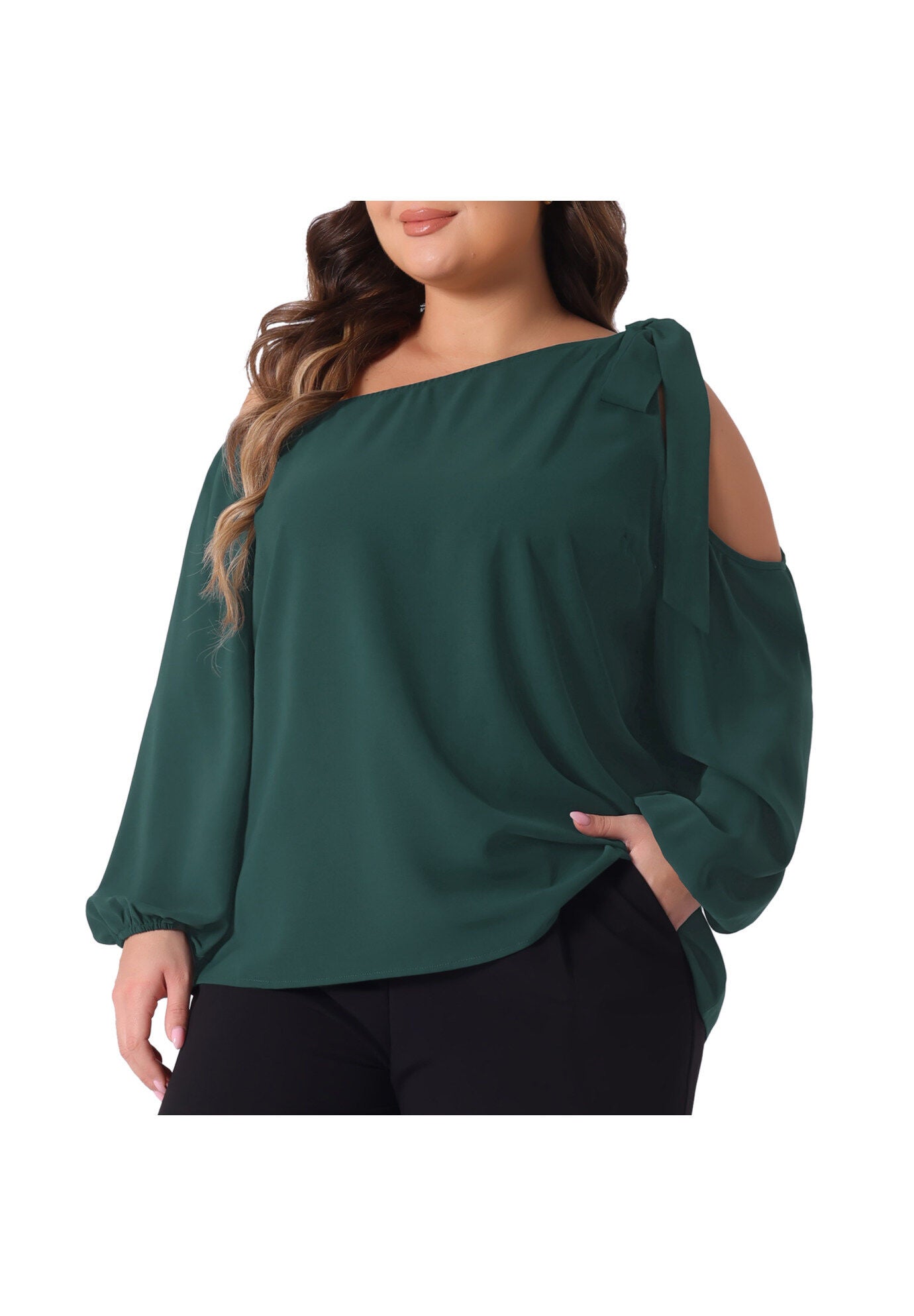 Cold Shoulder Tie Long Sleeve Blouse T-Shirt Tee Top, Dark Green / Forest Green, alternate image number 1