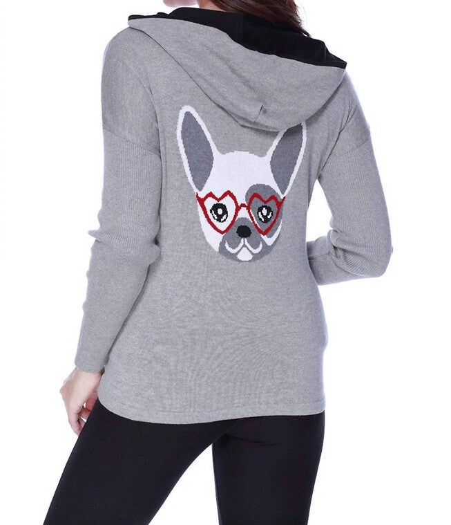 FRENCHIE LOVE HOODED CARIDGAN IN GRAY MULTI, Gray Multi / Light Grey, alternate image number null