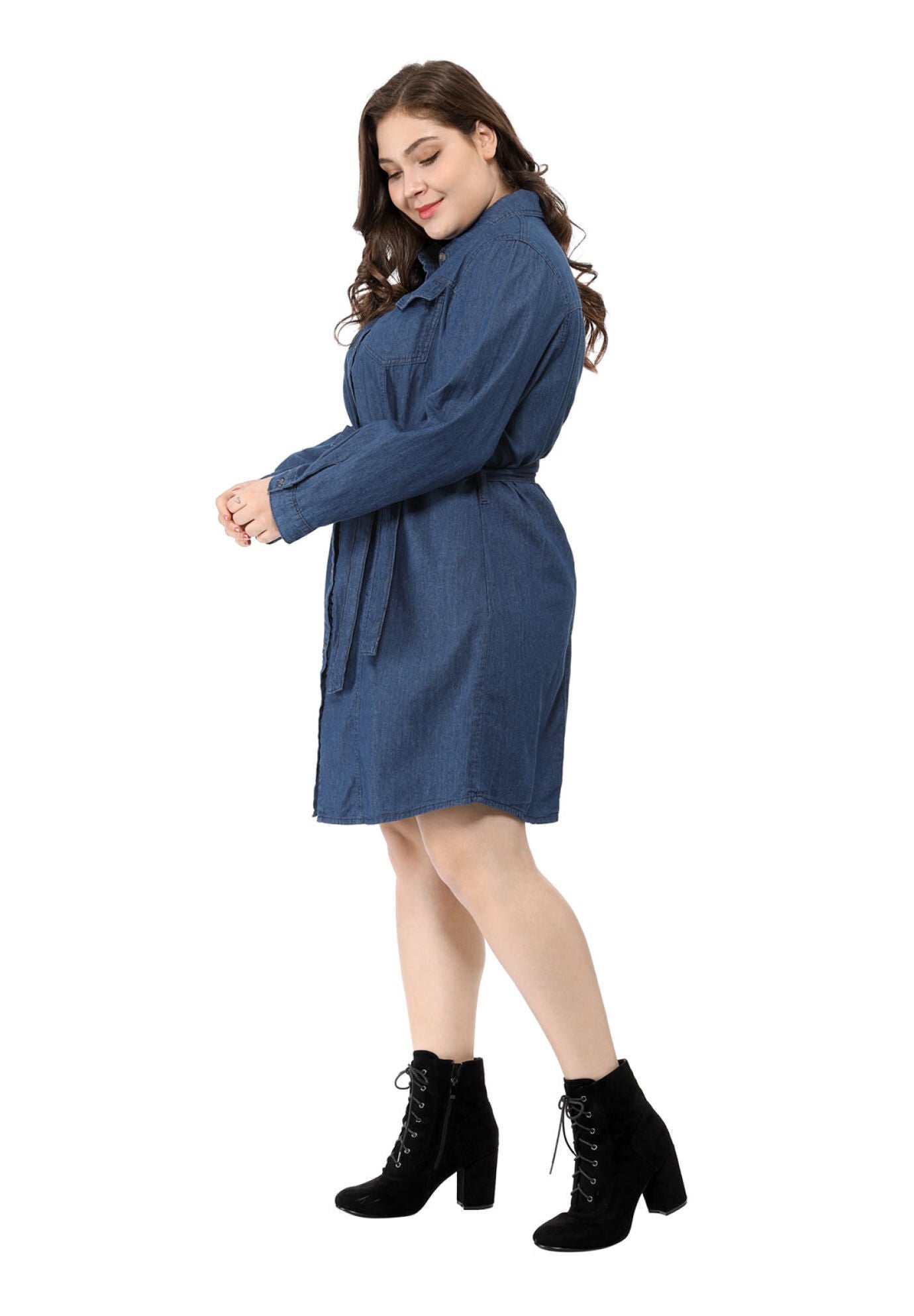 BUTTON DOWN LONG SLEEVE MIDI JEAN DENIM SHIRT DRESS, Blue / Navy, alternate image number 3