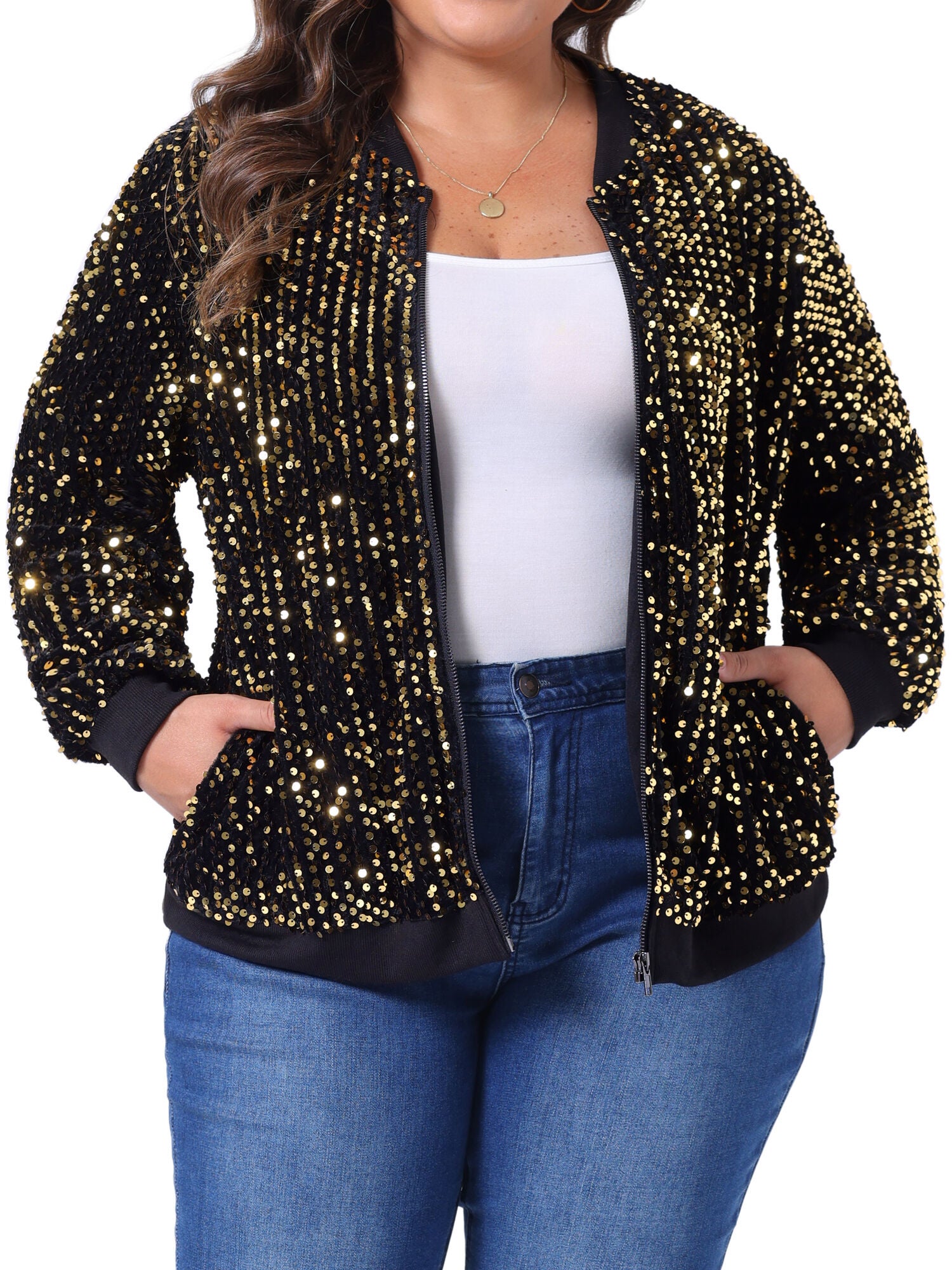 SEQUIN SPARKLE FRONT ZIP BOMBER JACKET, Gold / Gold, alternate image number 1