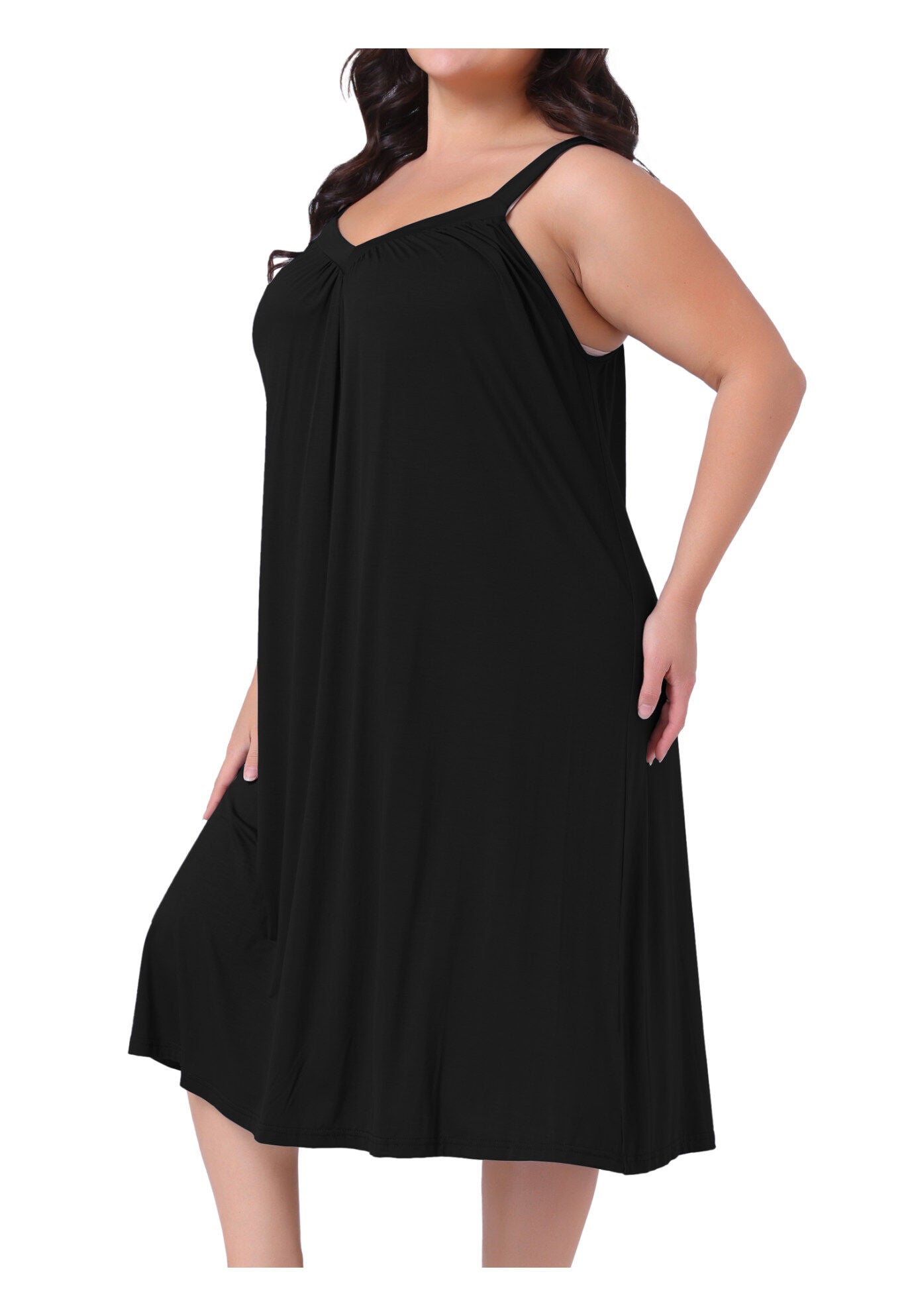 Spaghetti Strap V Neck Sleeveless Chemise Nightdress, Black / Black, alternate image number 1