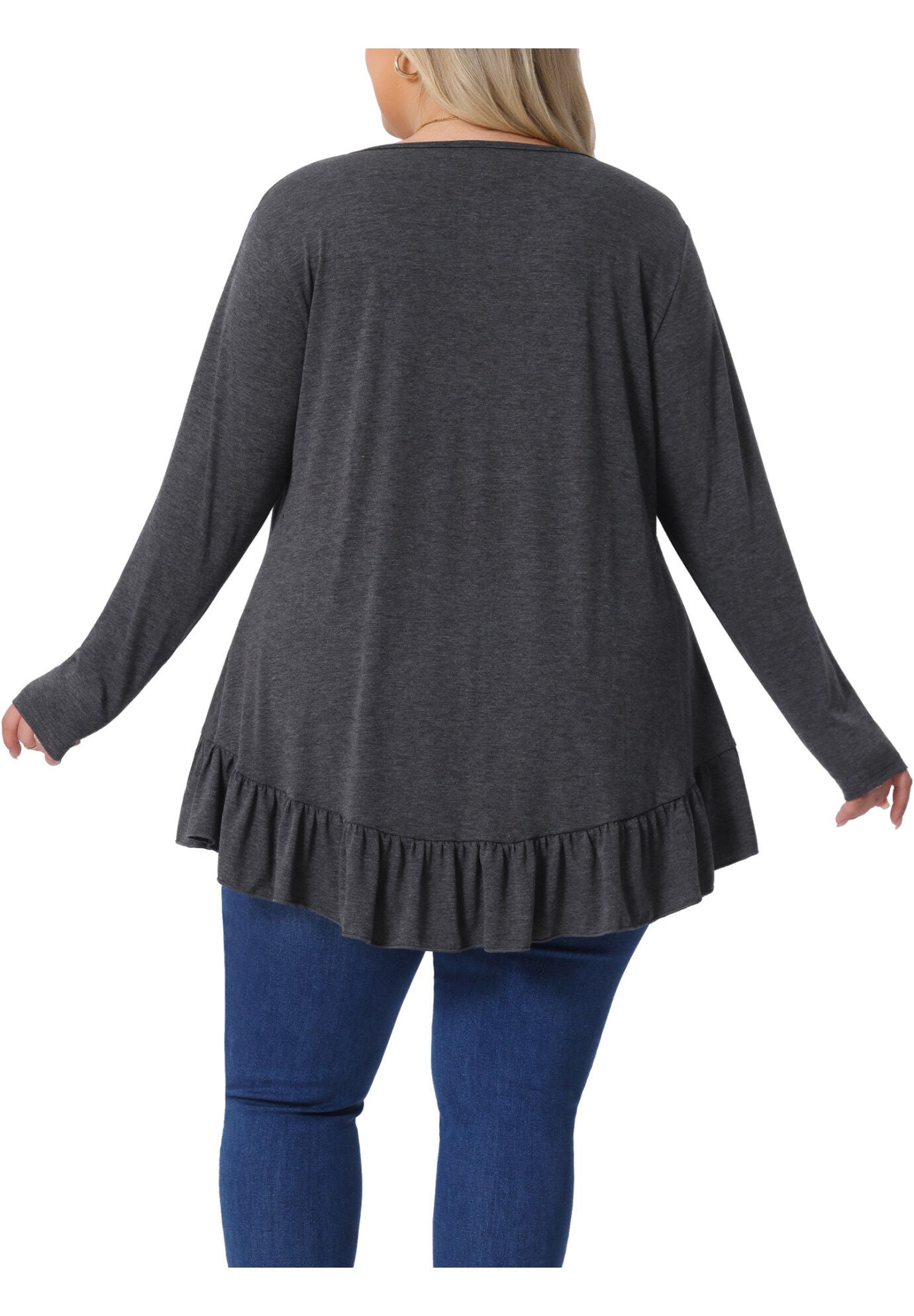 Henley V Neck Ruffled Hem Flowy Blouse Tunic, Gray / Charcoal Grey, alternate image number 3