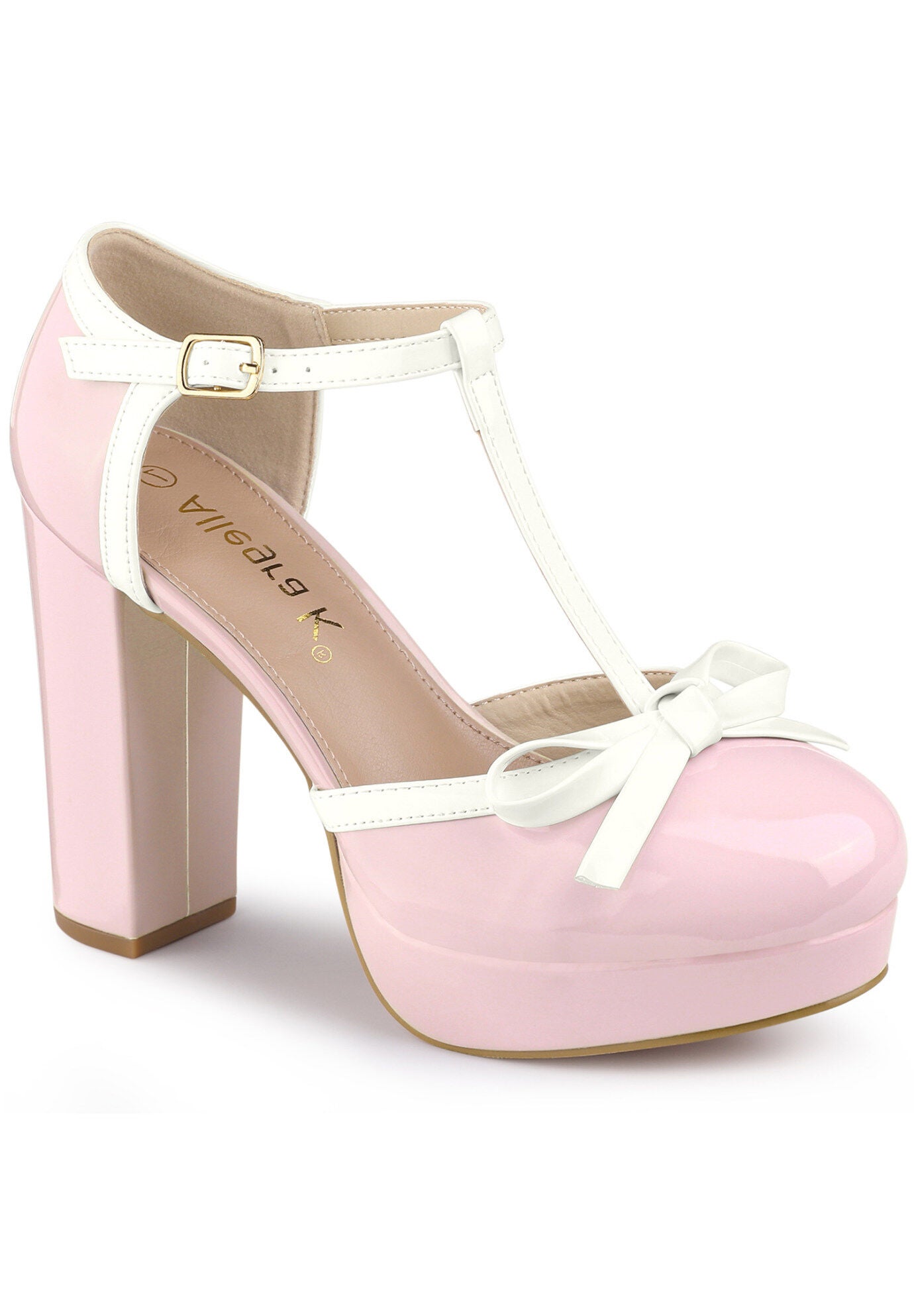 Platform Bow T Strap Chunky Heels Pumps, Pink / Pink, hi-res image number 0
