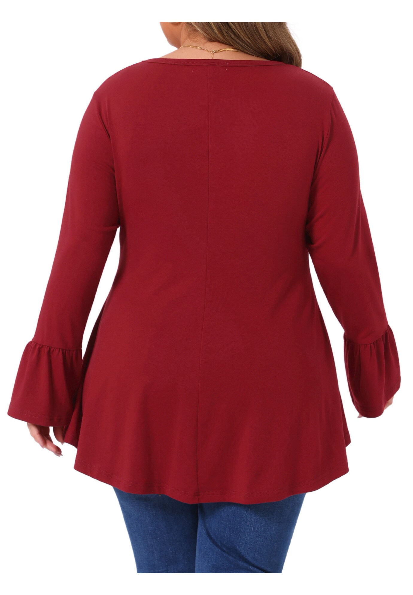 Crew Neck Bell Sleeve High Low Hem Blouses, Burgundy / Burgundy, alternate image number 3