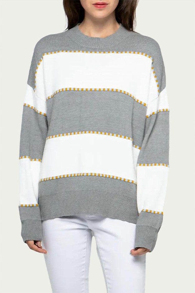 TWO-TONE STRIPED CREWNECK SWEATER IN HEATHER GREY, Heather Grey / Charcoal Grey, hi-res image number 0