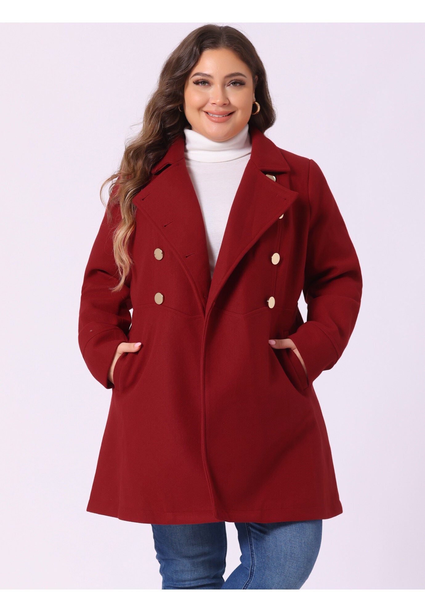 A-Line Peter Pan Collar Double Breasted Peacoat, Dark Red / Red, alternate image number 1