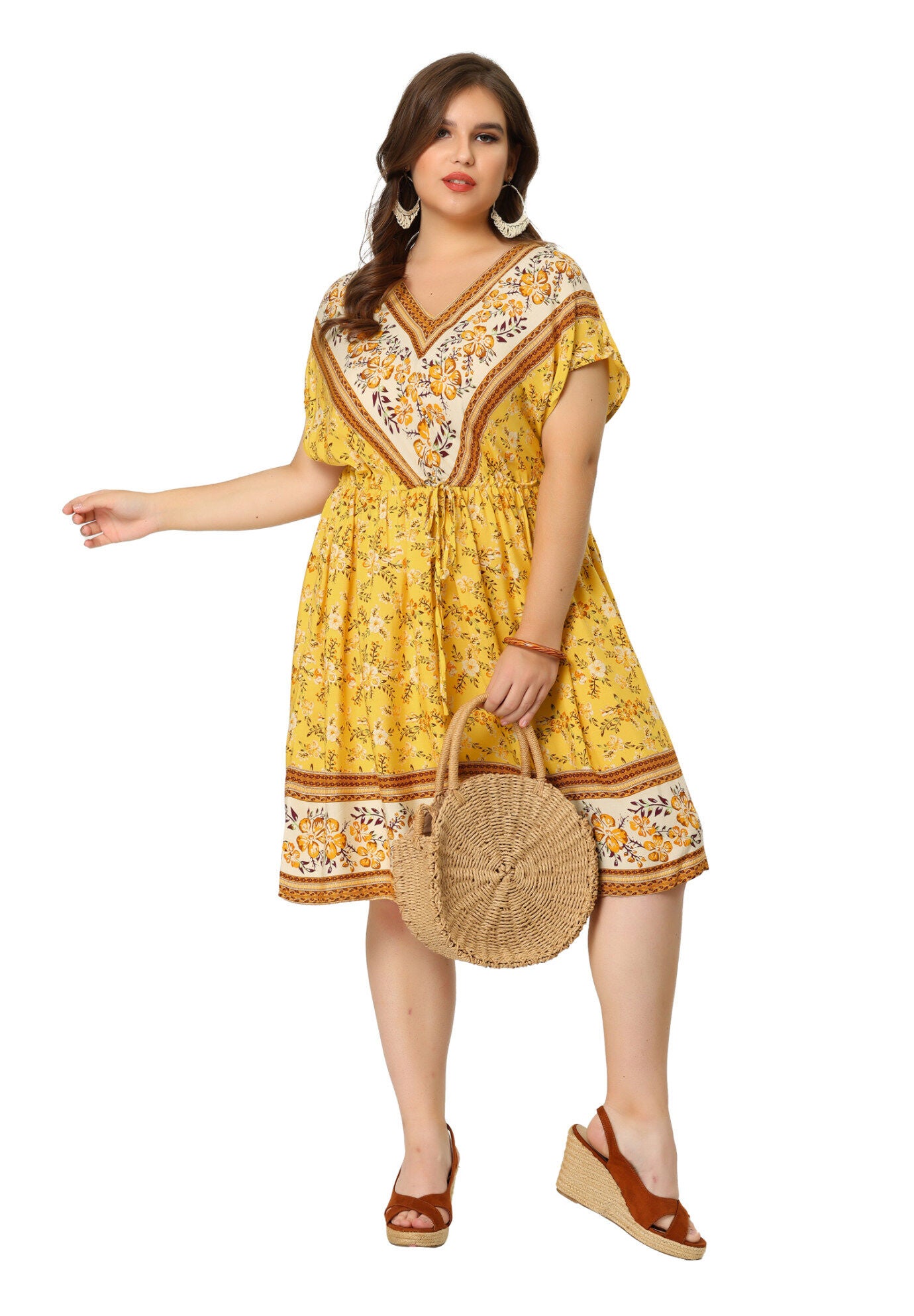 Boho Summer V Neck Drawstring Waist Short Sleeve Floral Print Dress, Yellow / Yellow, hi-res image number 0