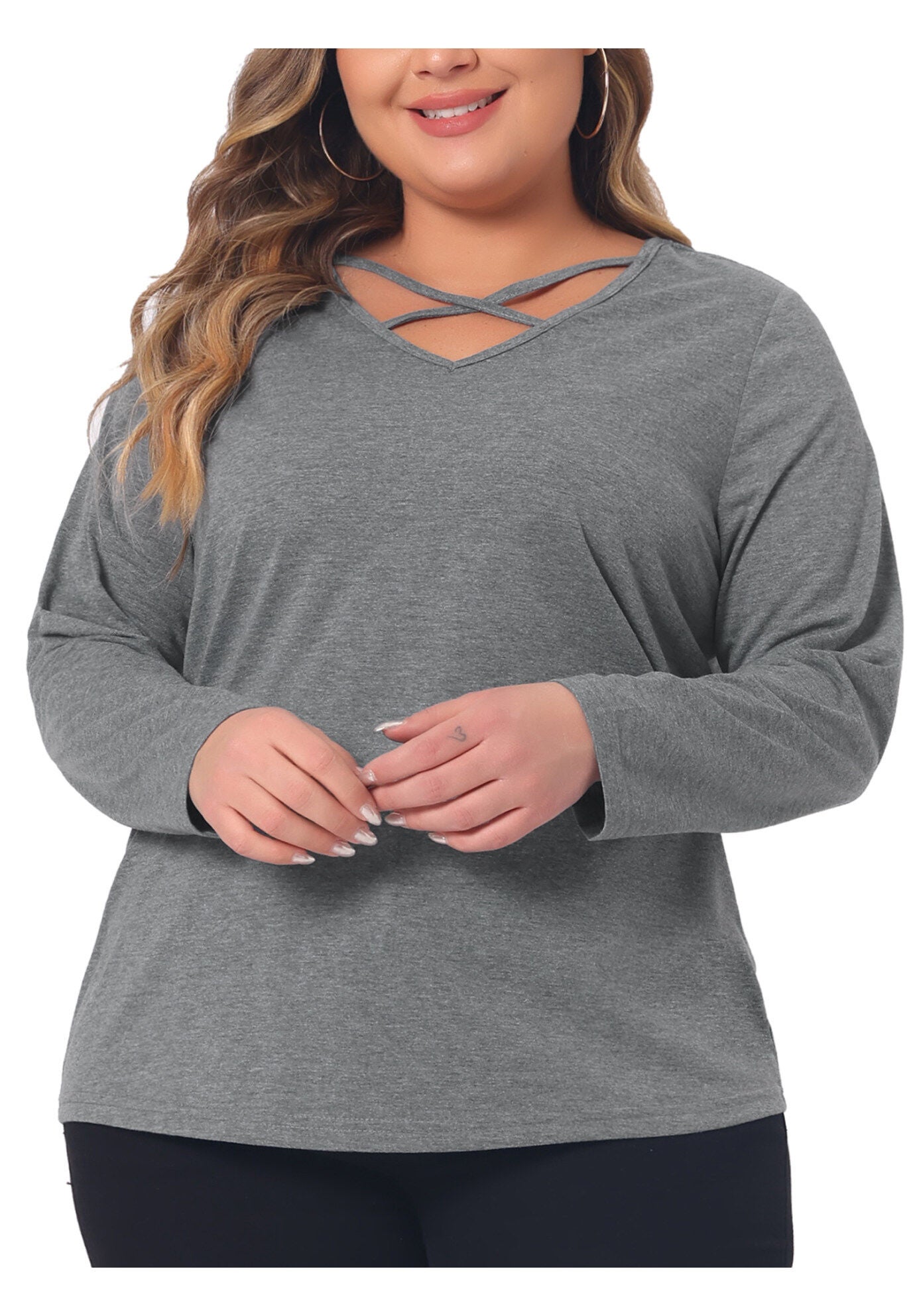 CROSS V NECK LONG SLEEVES T-SHIRT TOP, Grey / Light Grey, alternate image number 1