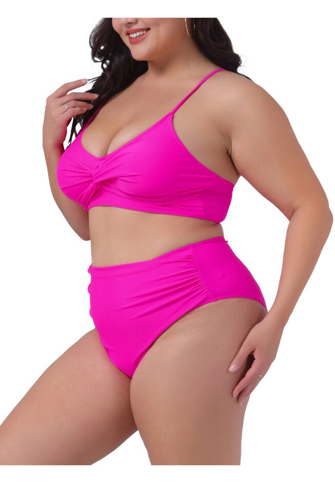 High Waisted V Neck Two Piece Bikini Set, Hot Pink / Deep Fuchsia, alternate image number 1