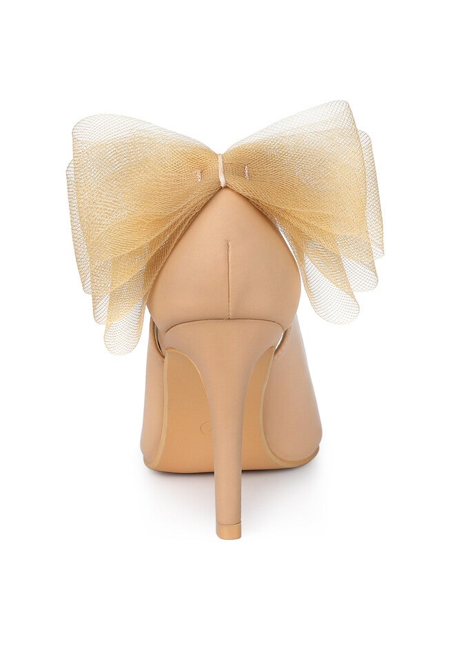 Mesh Bow Pointed Toe Stiletto Heels Pumps, Nude / Beige, alternate image number 2