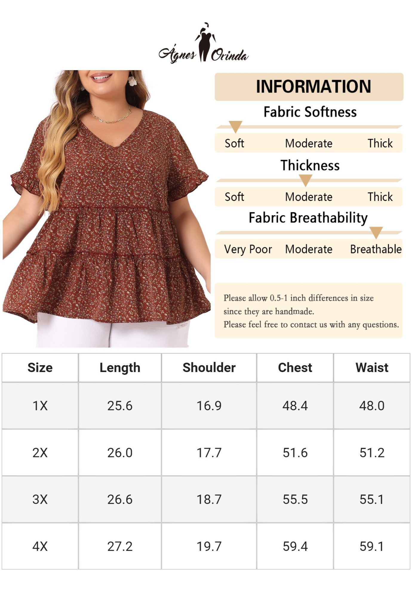 Floral Print V Neck Ruffles Sleeve Tiered Babydoll Blouse, Red / Red, alternate image number 4