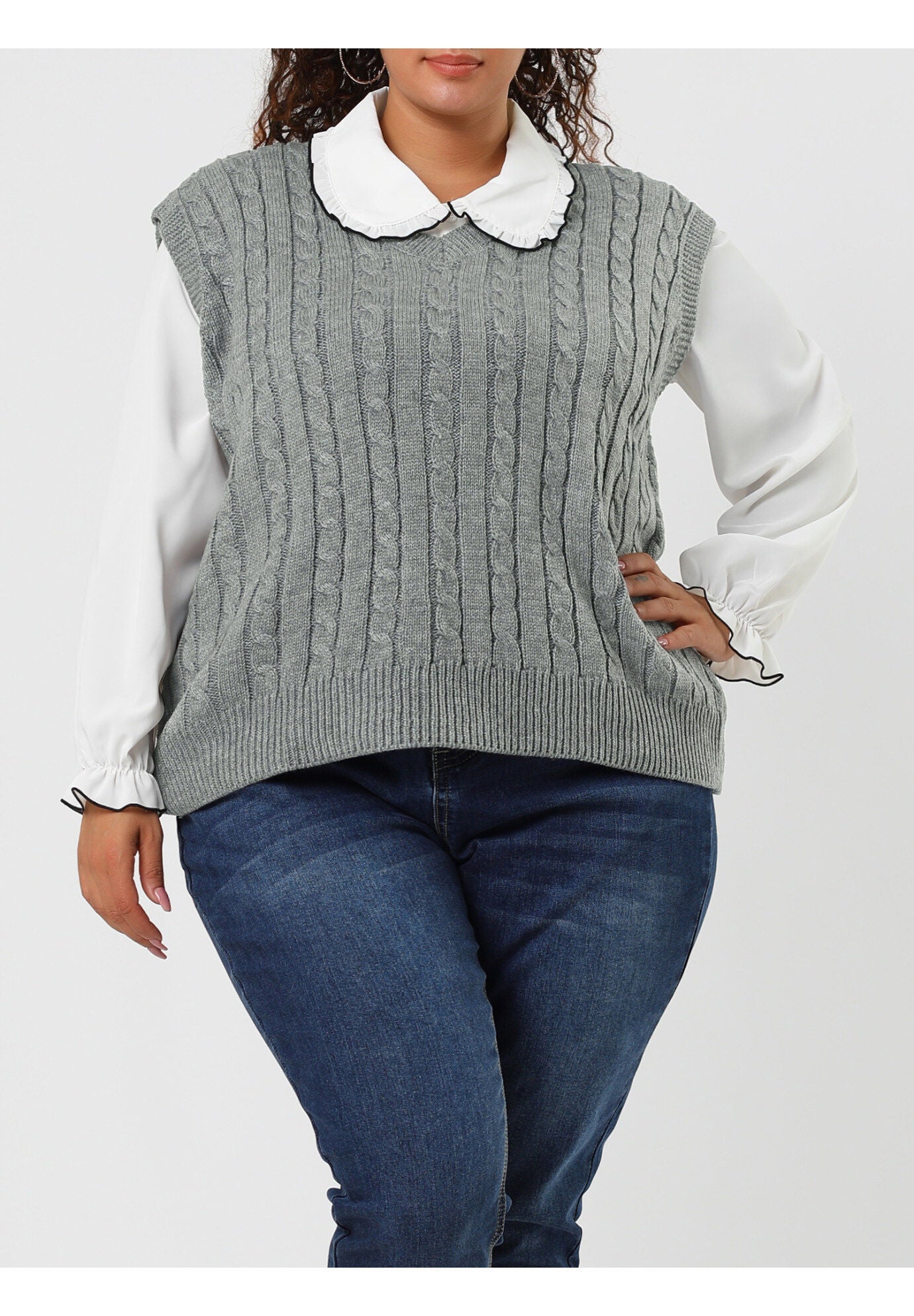 V Neck Cable Knit Sweater Sleeveless Pullover Sweater Vest, Gray / Cool Gray, alternate image number 1