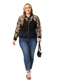 SHEER FLORAL LACE LONG SLEEVE BASEBALL JACKET