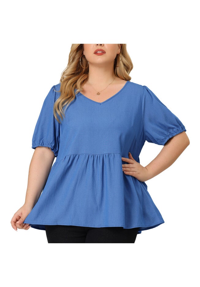 Summer Babydoll Top Puff Sleeve Chambray Short Sleeves Blouse, Blue / Chambray Denim Medium, alternate image number 2