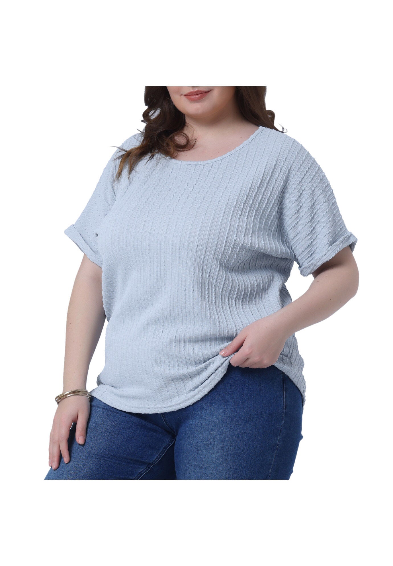 Textured Rolled Short Sleeve Crew Neck T-Shirts Blouses, Light Blue / Light Blue, alternate image number 1