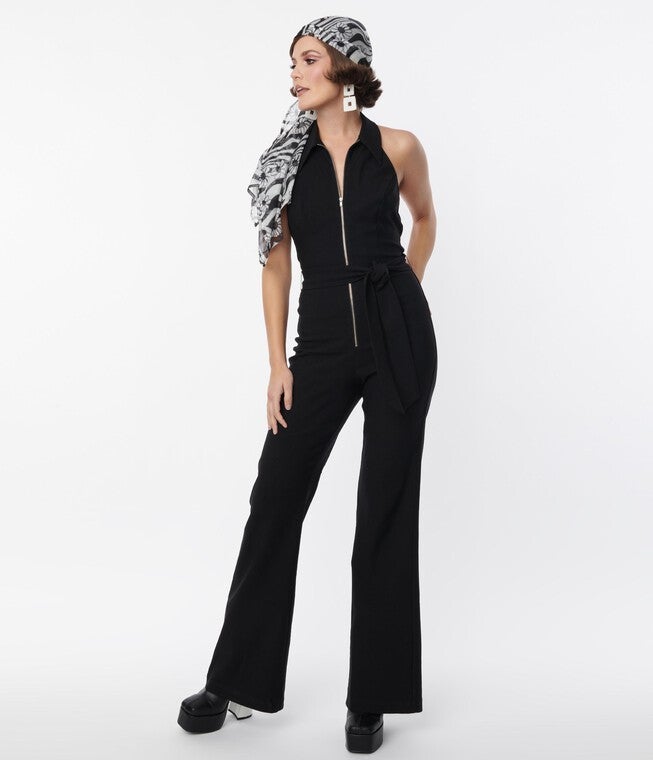 Smak Parlour Black Front Zipper Halter Jumpsuit, Black / Black, hi-res image number 0