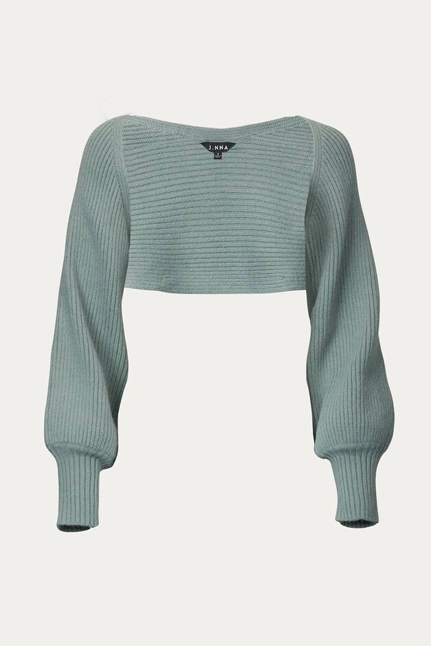 RIBBED-KNIT BOLERO IN LIGHT OLIVE, Light Olive / Light Blue, hi-res image number 0