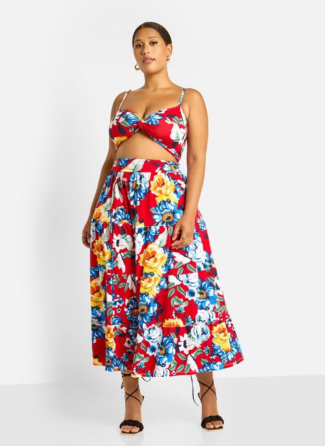 ANALISE FLORAL PRINT SKATER MAXI SKIRT, Red / Red, alternate image number null