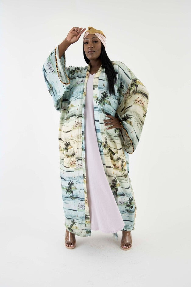 The Beach Scene Silk Twill Kimono, MultiColor / Light Blue, alternate image number null