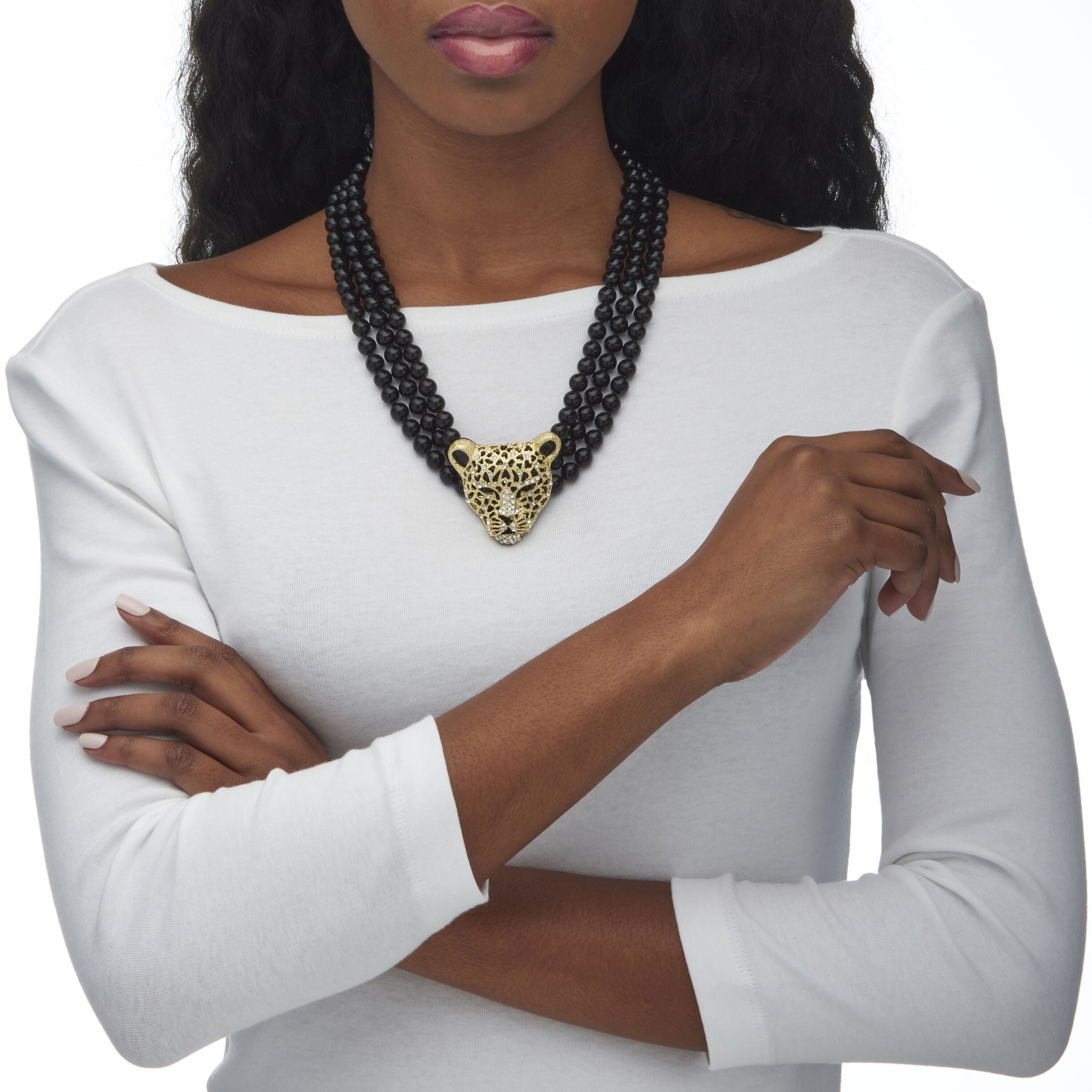 Onyx and Crystal Leopard Beaded Necklace in Yellow Goldtone, , alternate image number 7