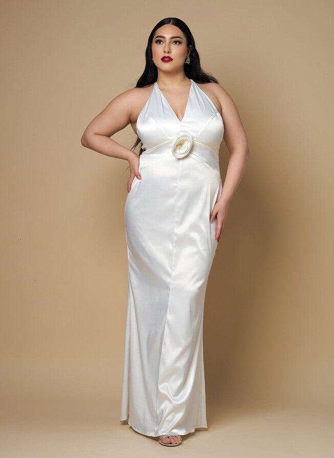 GARDENIA SATIN HALTER MAXI BODYCON DRESS, White / White, alternate image number 1