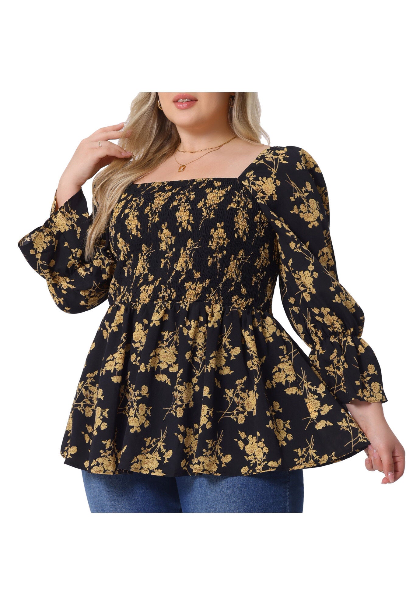 Floral Square Neck Smocked Peplum Blouses Shirts, Black / Black, alternate image number 2