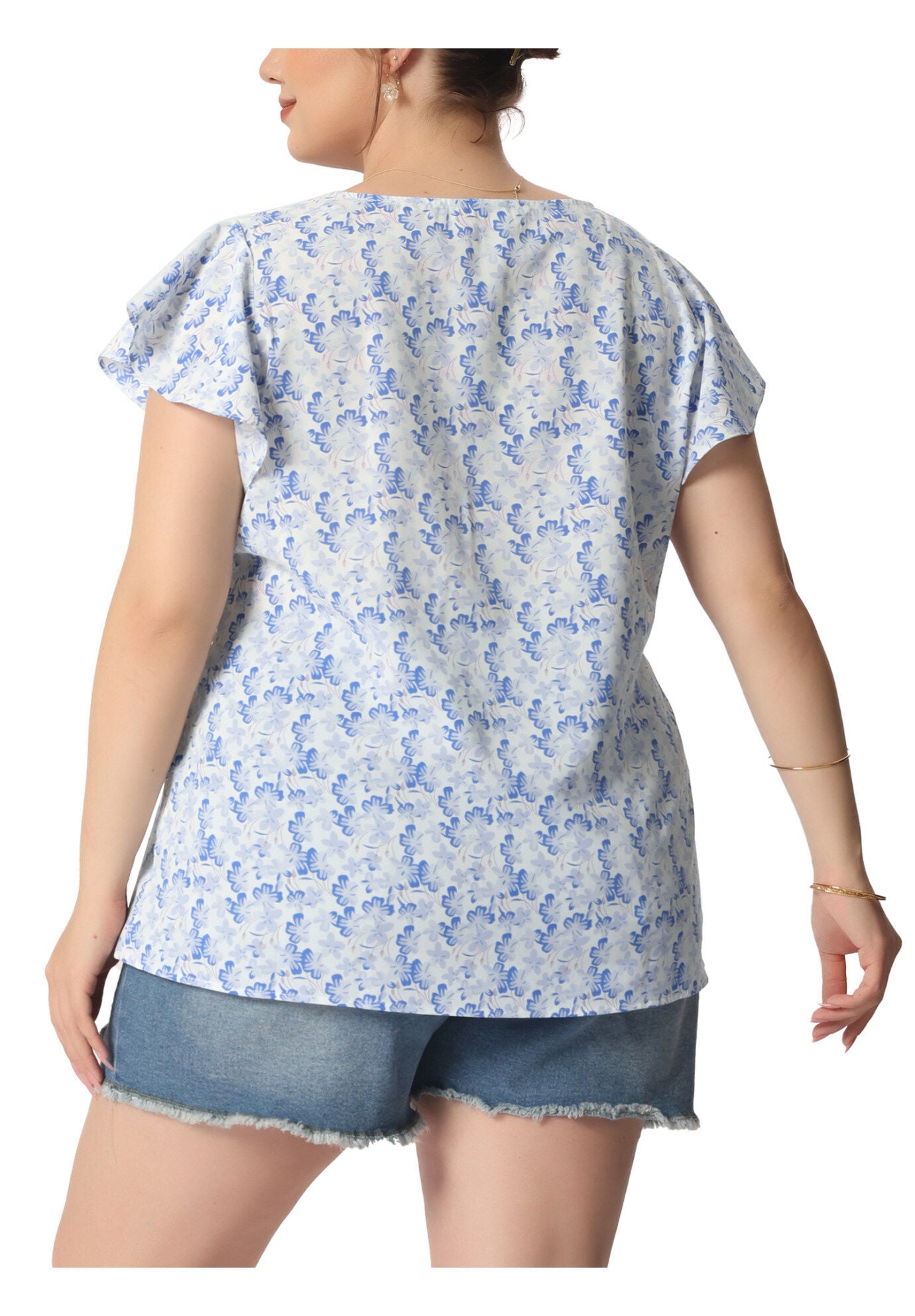 Summer Top Floral Round Neck Short Sleeves Ruffle Blouse, Blue White / Light Blue, alternate image number 3