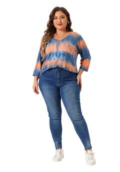 V Neck 3/4 Sleeve Loose Casual Striped Tie Dye Print T-Shirt Top